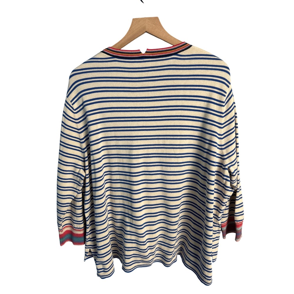Cabi Striped Knit Sweater XL Blue Cream Rainbow Trim Coastal Preppy Aesthetic - Picture 2 of 7